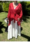 Püsküllü Kuşaklı Kırmızı Kimono