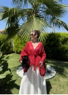 Püsküllü Kuşaklı Kırmızı Kimono
