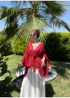 Püsküllü Kuşaklı Kırmızı Kimono