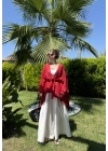 Püsküllü Kuşaklı Kırmızı Kimono