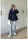 Rose Oversize Kuşaklı Lacivert Trençkot
