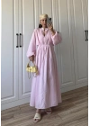 Safia Önü Düğmeli Astarlı Pembe Kuşaklı Elbise