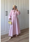 Safia Önü Düğmeli Astarlı Pembe Kuşaklı Elbise
