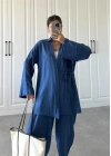 Saks Mavi Gofre Bağlamalı Kimono Takım