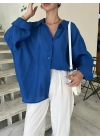 Saks Mavi Oversize Tensel Gömlek