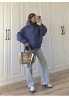 Şardonlu Oversize Mavi Sweatshirt