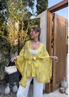 Sarı Desenli Püsküllü Kuşaklı Kimono