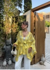 Sarı Desenli Püsküllü Kuşaklı Kimono
