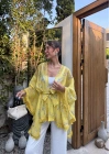 Sarı Desenli Püsküllü Kuşaklı Kimono