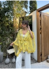 Sarı Desenli Püsküllü Kuşaklı Kimono