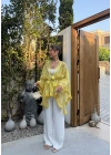 Sarı Desenli Püsküllü Kuşaklı Kimono