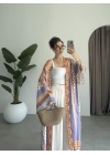 Saten İpek Desenli Kahve Kimono