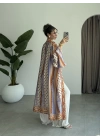 Saten İpek Desenli Kahve Kimono