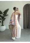 Saten İpek Desenli Kahve Kimono