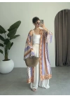 Saten İpek Desenli Kahve Kimono