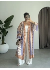 Saten İpek Desenli Kahve Kimono