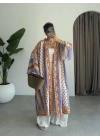 Saten İpek Desenli Kahve Kimono
