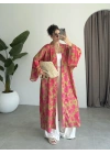 Saten İpek Desenli Pembe Kimono