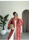 Saten İpek Desenli Pembe Kimono