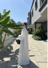 Saten Puantiyeli Uzun Beyaz Kimono