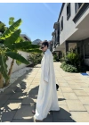 Saten Puantiyeli Uzun Beyaz Kimono
