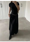 Siyah Geniş Etekli Uzun Basic Elbise