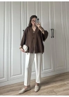 Sofi Düğmeli Oversize Kahve Tensel Gömlek Bluz