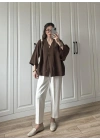 Sofi Düğmeli Oversize Kahve Tensel Gömlek Bluz