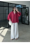 Sofi Tek Düğme Oversize Tensel Kırmızı Gömlek