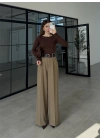 Tasarım Kemerli Vera Karamel Palazzo Pantolon