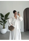 Tek Cepli Keten Oversize Beyaz Gömlek