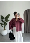 Tek Cepli Keten Oversize Bordo Gömlek