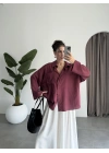 Tek Cepli Keten Oversize Bordo Gömlek
