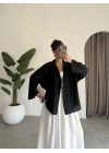 Tek Cepli Keten Oversize Siyah Gömlek