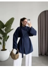 Tek Düğme Kuşaklı Lacivert Tensel Ceket