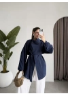 Tek Düğme Kuşaklı Lacivert Tensel Ceket