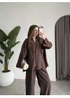 Tek Düğme Oversize Tensel Kahve Takım