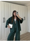 Tek Düğmeli Oversize Zümrüt Yeşili Gömlek Takım