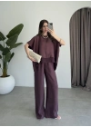 Tül Detaylı Mürdüm Bluz Takım