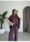Tül Detaylı Mürdüm Bluz Takım