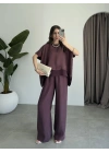 Tül Detaylı Mürdüm Bluz Takım
