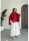 Uçuşan Pelerin Kırmızı Tül Bluz