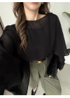Uçuşan Pelerin Siyah Tül Bluz