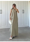 V Yaka Keten Uzun Oversize Cepli Haki Elbise