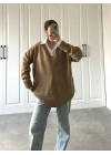 V Yaka Oversize Camel Triko Kazak