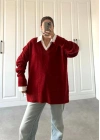 V Yaka Oversize Kırmızı Triko Kazak