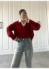 V Yaka Oversize Kırmızı Triko Kazak