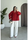 V Yaka Tek Düğme Keten Kırmızı Kimono Ceket