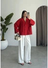 V Yaka Tek Düğme Keten Kırmızı Kimono Ceket