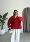 V Yaka Tek Düğme Keten Kırmızı Kimono Ceket